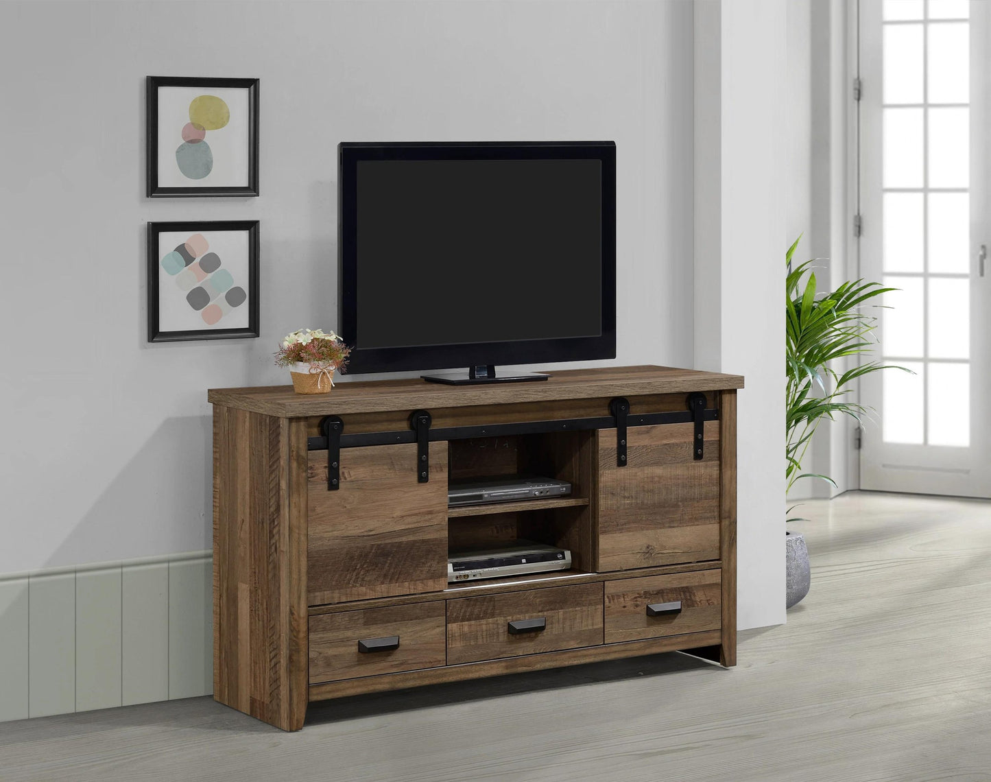 Farmhouse Natural & Black TV Stand w/ Barn Door