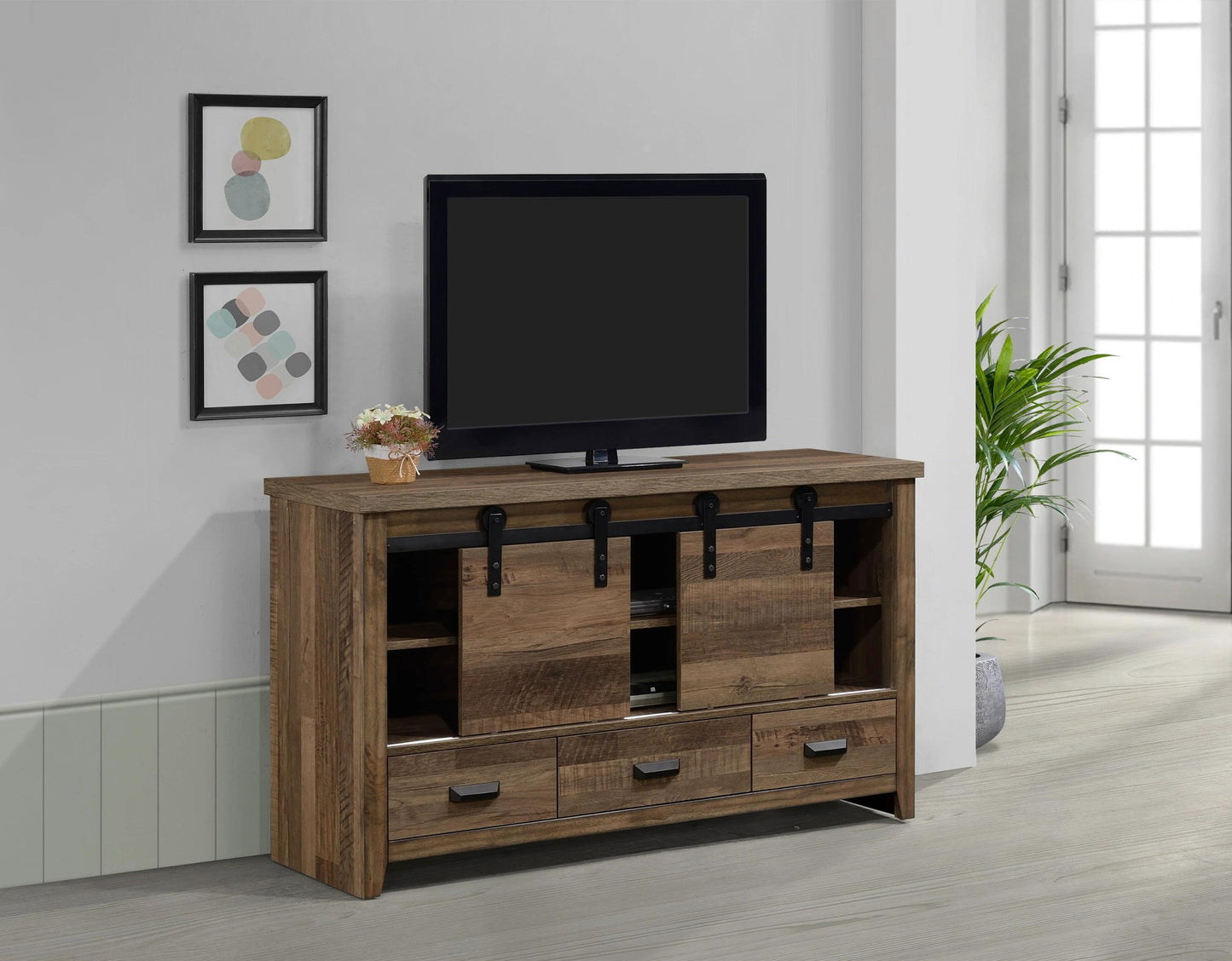 Farmhouse Natural & Black TV Stand w/ Barn Door