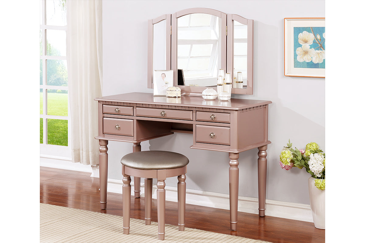 Poundex F4060 Wooden Makeup Vanity Set Desk, Mirror & Stool - Rose Gold