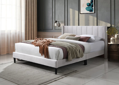 Francine ivory velvet fabric channel tufted queen bed with dark legs