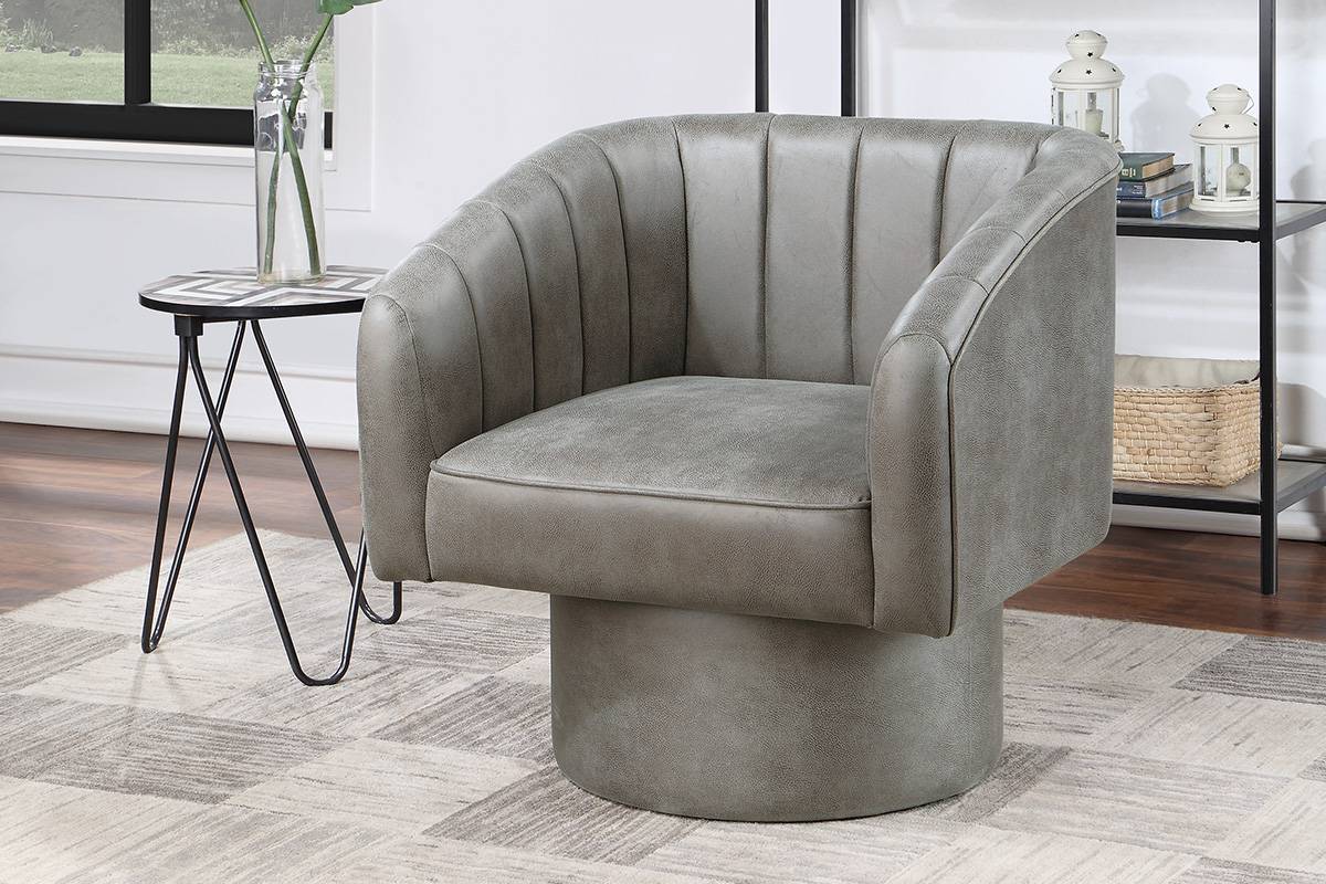 Poundex Upholstered Swivel Accent Chair Round Base, Slate Grey