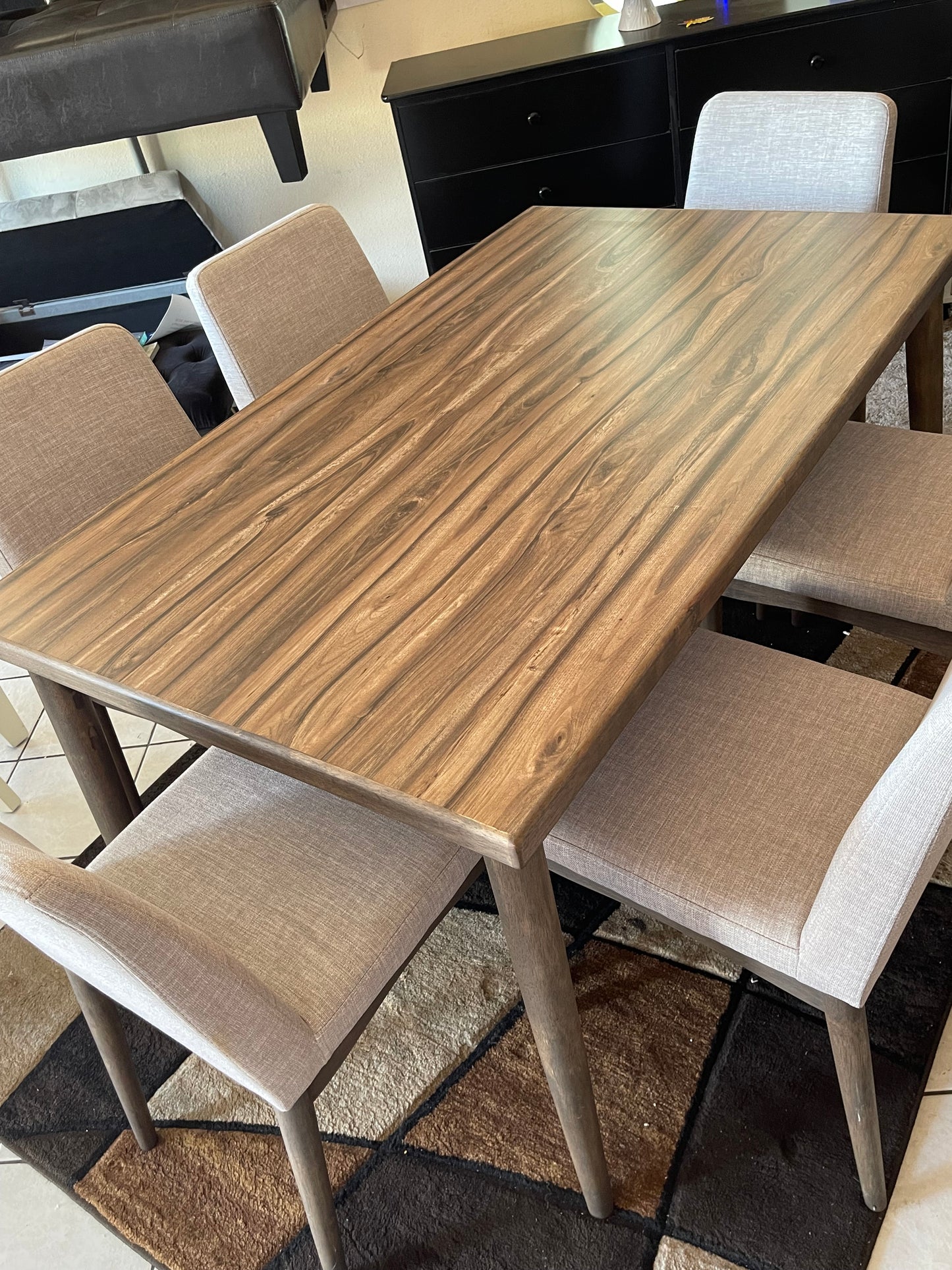 Poundex 7 pc brown finish wood mid century modern dining table set