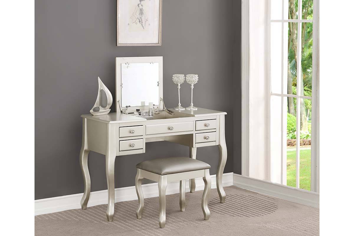 Poundex F4145 Flip Up Mirror vanity Set with Stool in Silver