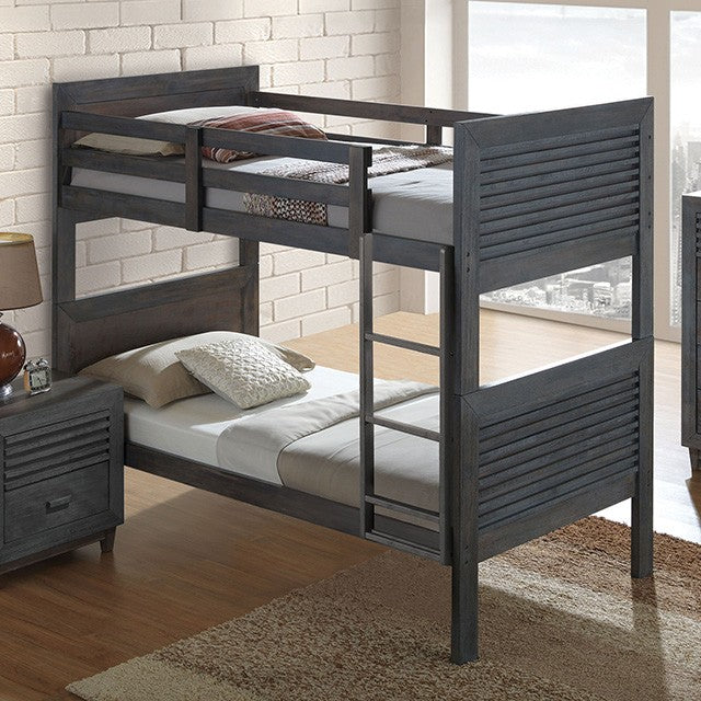 Witham charcoal brown finish wood twin over twin convertible bunk bed slat design