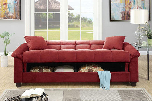 Red Microfiber Futon With Flip up Compartment