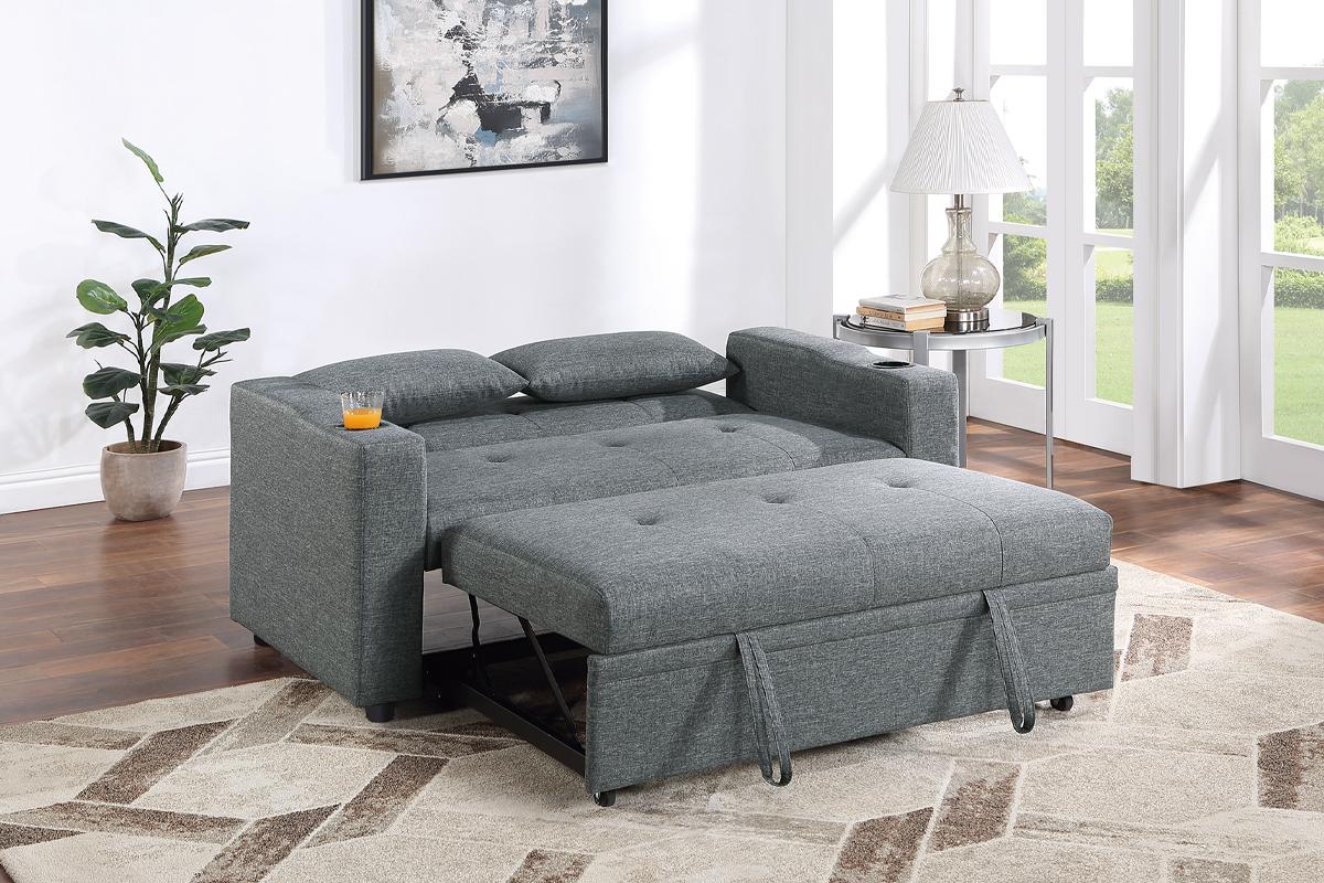 Grey Convertible Sofa With 2 Cup holders