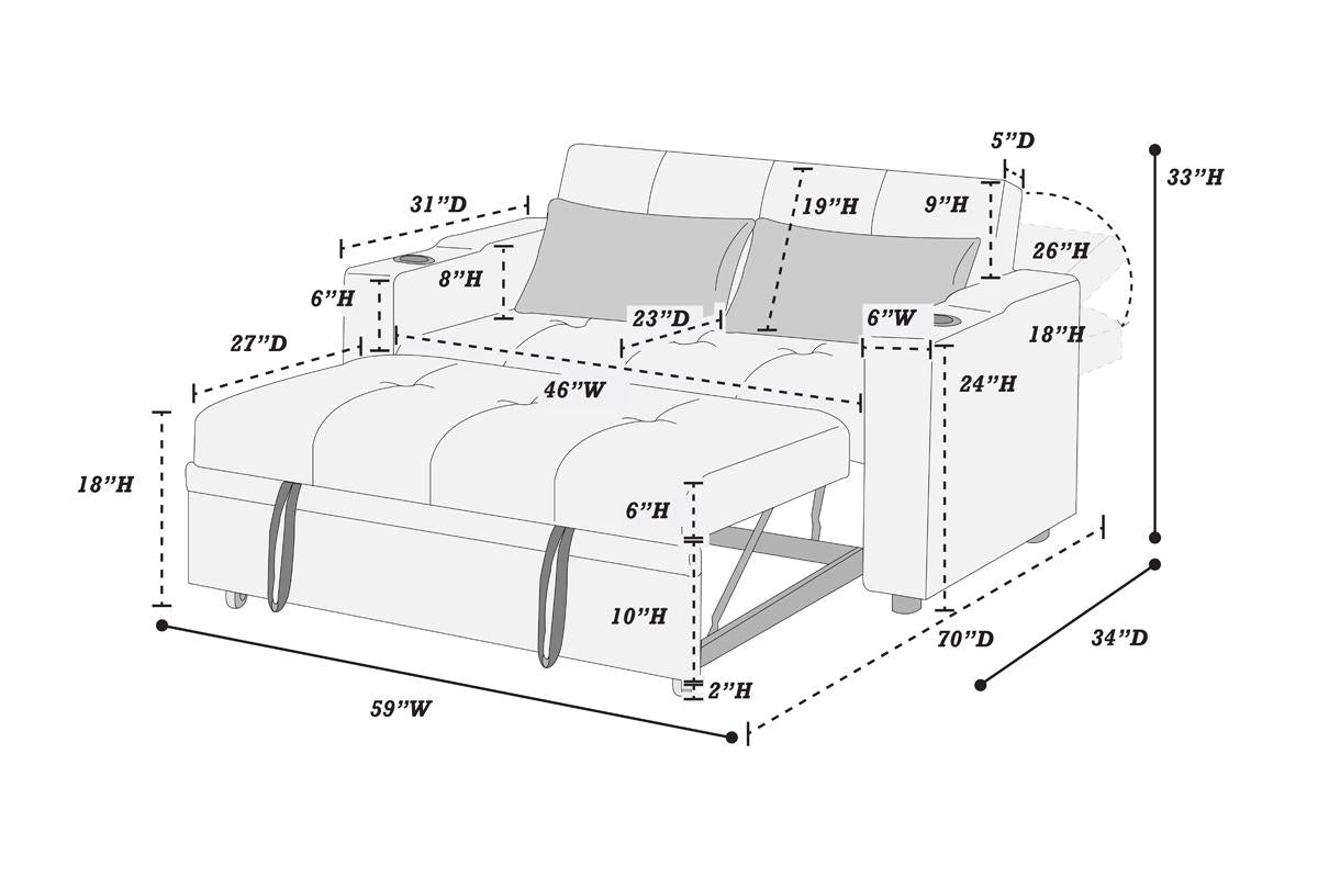 Grey Convertible Sofa With 2 Cup holders