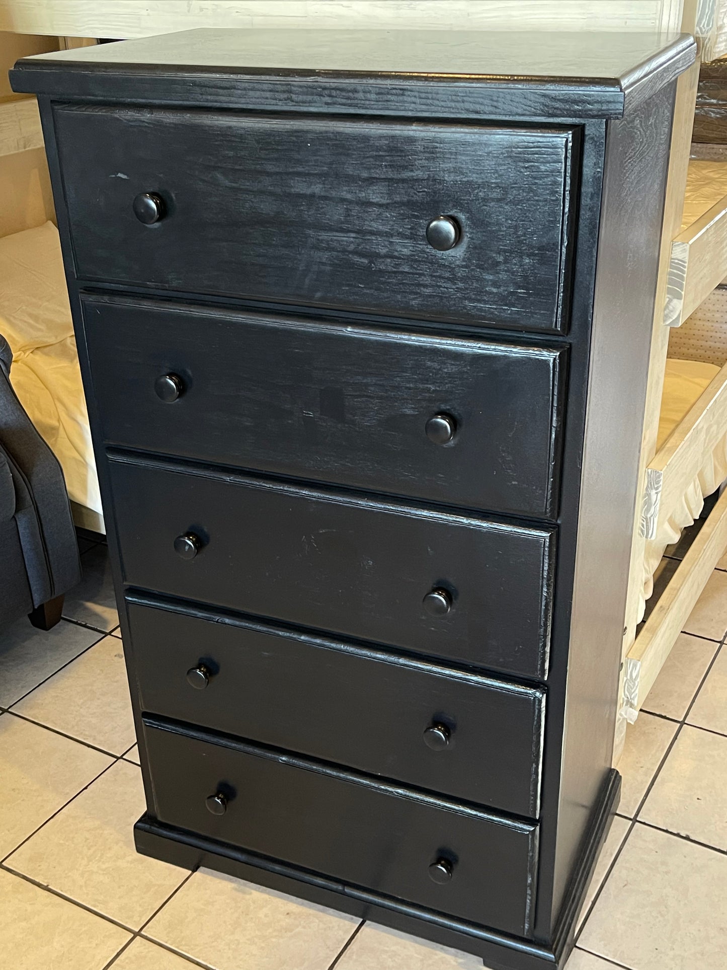 Black pine wood chest 5 drawers