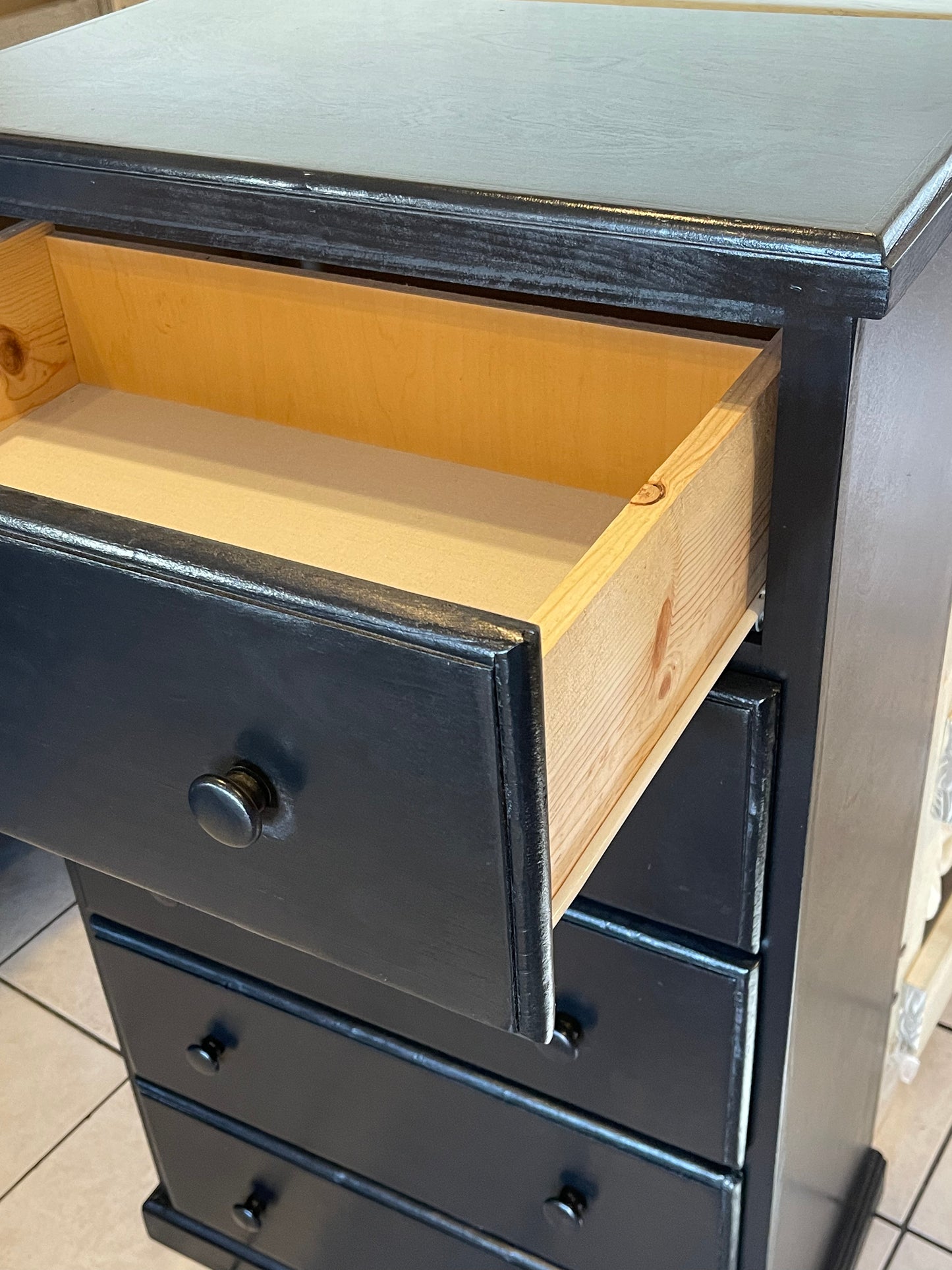 Black pine wood chest 5 drawers