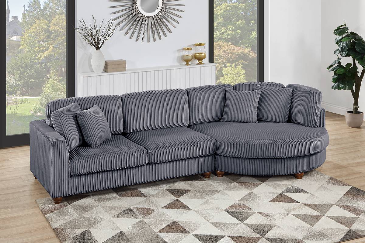 Modern 2 Piece Sofa Sectional Set XL Plush Corduroy Fabric Sofa Round Chaise Lounge with Pillows Living Room Sofa