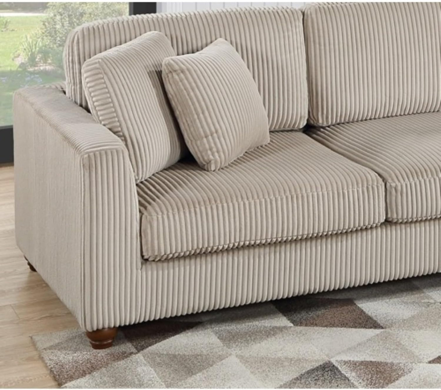 Modern 2 Piece Sofa Sectional Set XL Plush Corduroy Fabric Sofa Round Chaise Lounge with Pillows Living Room Sofa