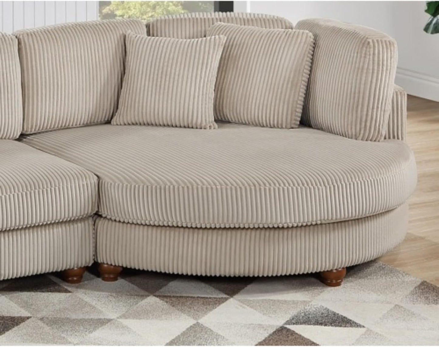 Modern 2 Piece Sofa Sectional Set XL Plush Corduroy Fabric Sofa Round Chaise Lounge with Pillows Living Room Sofa