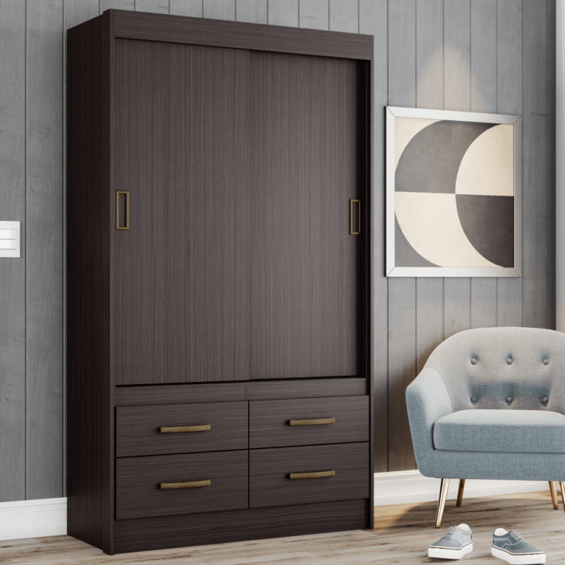 Large Wardrobe with Sliding Doors in Tobacco Finish