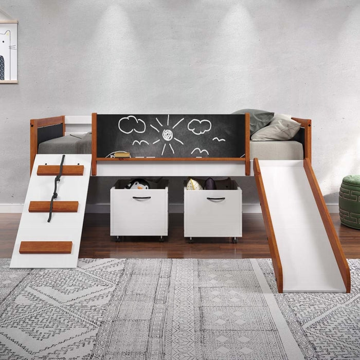 ACME Aurea Twin Loft Bed with Slide and 2 storage boxes in Cherry Oak and White