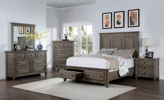 Durango warm gray wire brushed finish wood queen bedroom with footboard drawers