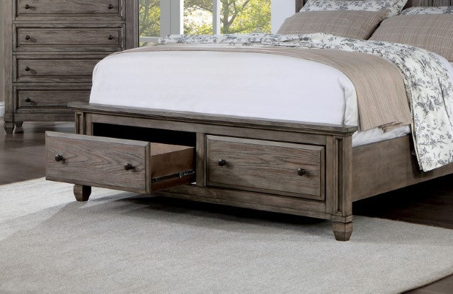 Durango warm gray wire brushed finish wood queen bedroom with footboard drawers