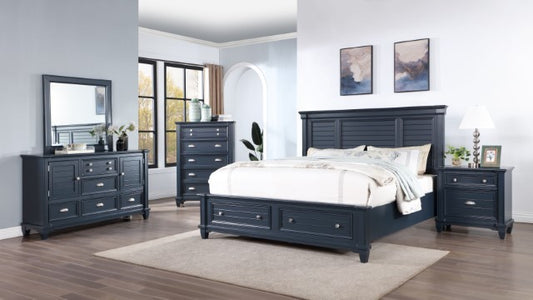 Loon peak Manzanillo slate blue finish wood paneled headboard Queen bed with footboard drawers