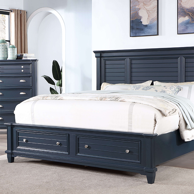 Loon peak Manzanillo slate blue finish wood paneled headboard Queen bed with footboard drawers