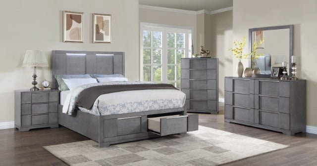 Regulus gray finish wood LED lighted headboard queen bed storage drawers