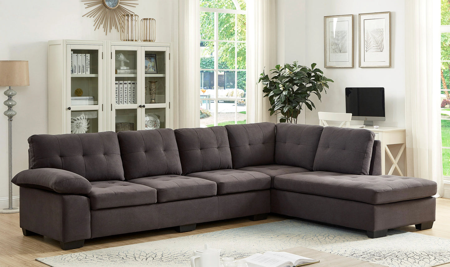 2 pc dark gray fabric sectional sofa set with tufted seat and backs