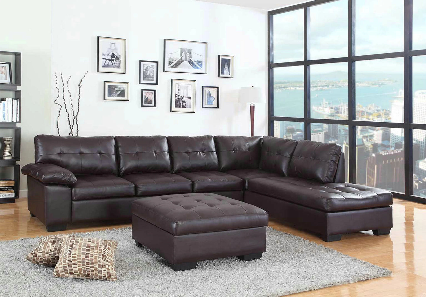 2 pc espresso faux leather sectional sofa set with tufted seat and backs