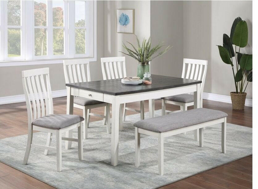 Transitional 6pc Dining Room Set Storage Rectangular Table Chair Bench Chalk Gray Finish Wooden Fabric Home Furniture.