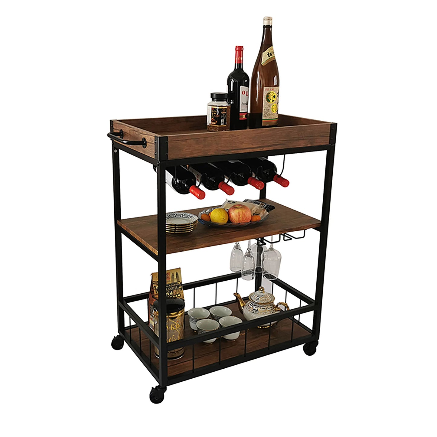 Serving Cart with Casters Metal Frame