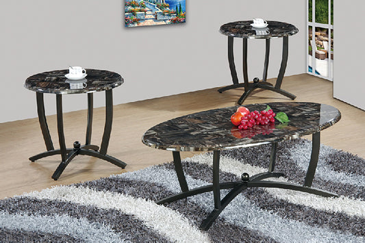 3-PC Pack Coffee Table Set Faux Marble Top Black Metal Legs Coffee Table