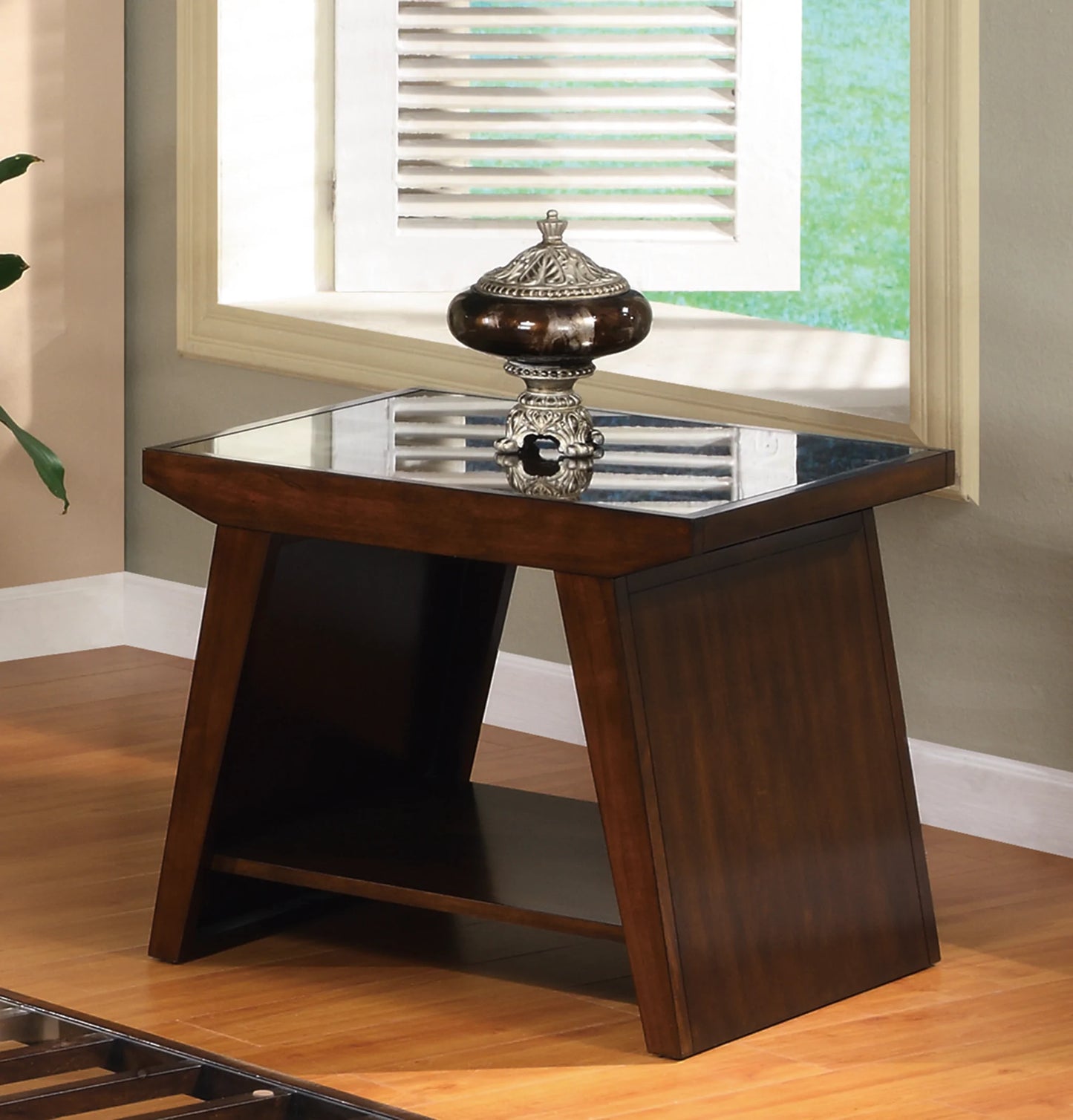 End Table Clear Glass Top Dark Brown Cherry Finish