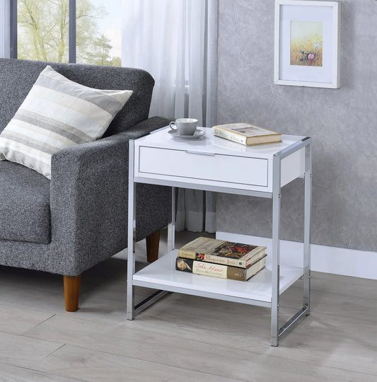 Side Table with Chrome Legs White Glossy Wood