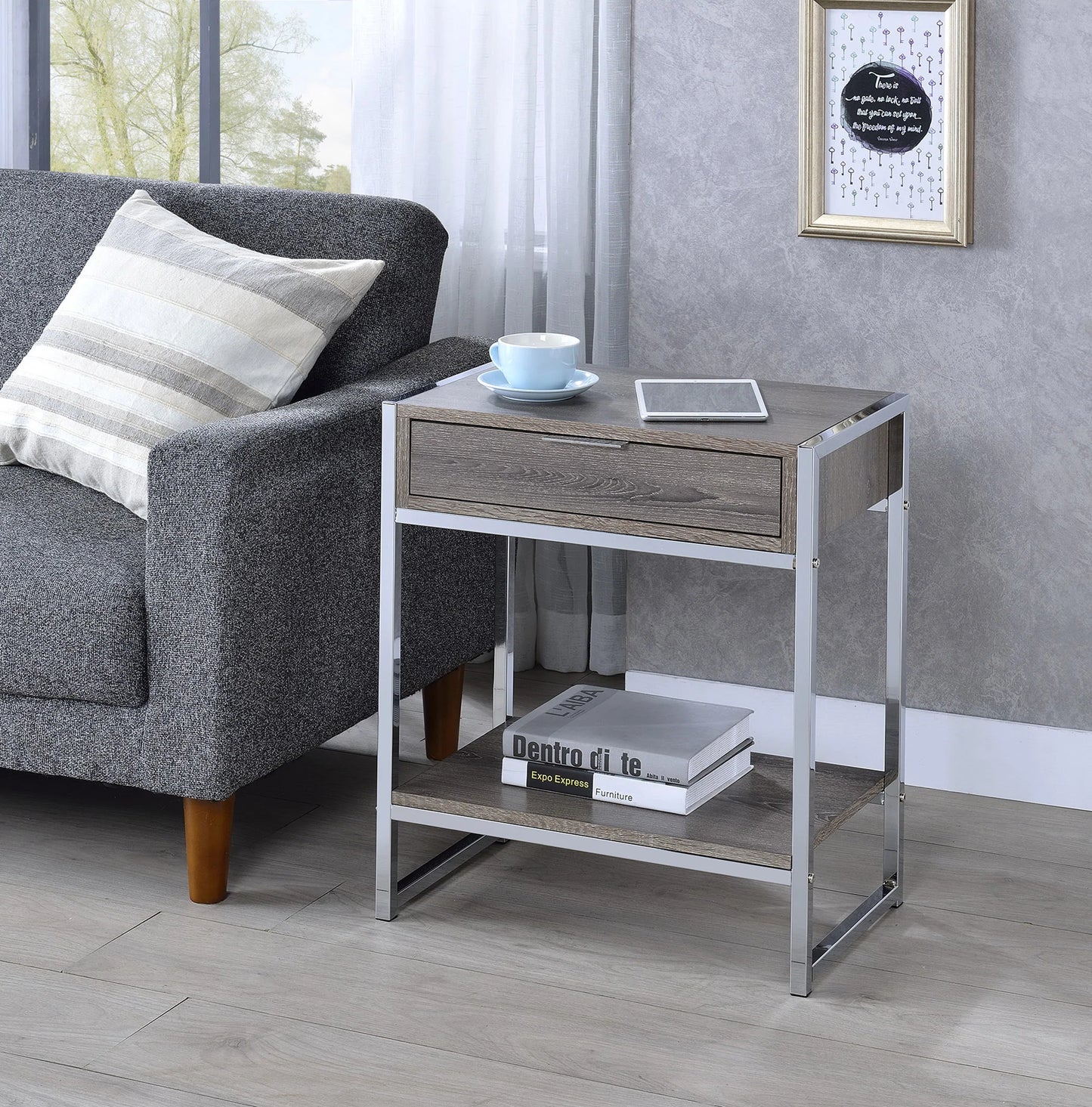 Side Table with Chrome Legs White Glossy Wood