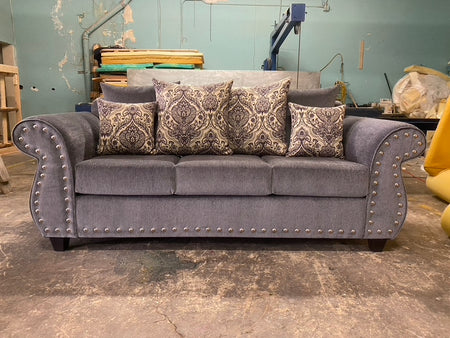 Light Grey Sofa Love Seat Set With Stainless Steel Studs