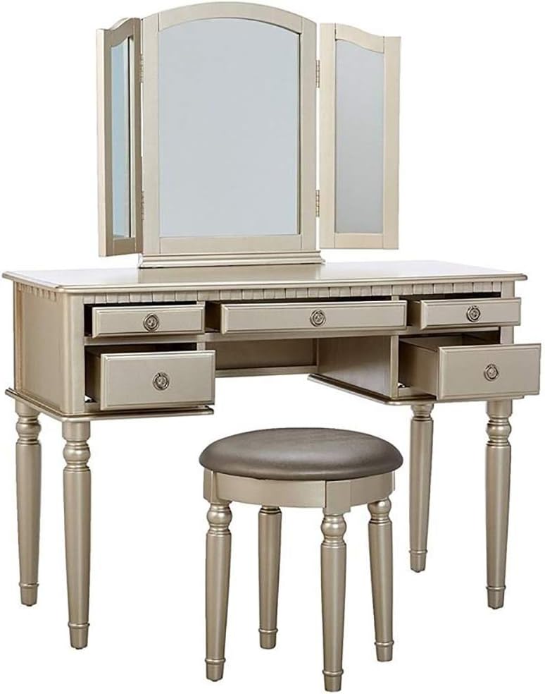Poundex Vanity Set with Stool, Silver