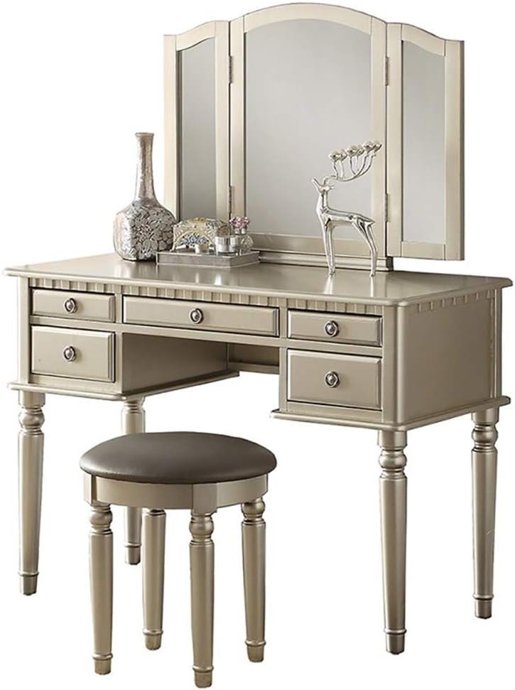 Poundex Vanity Set with Stool, Silver