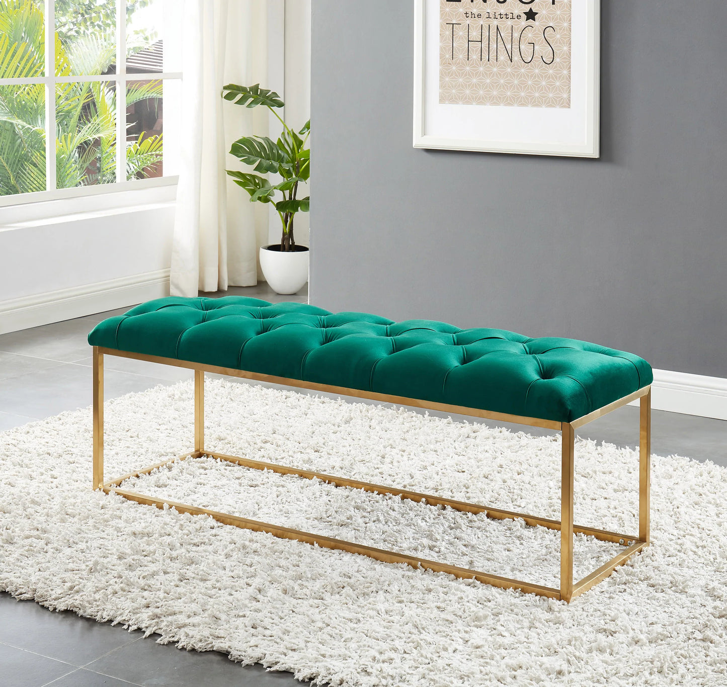 Stylish and elegant bench with gold-coloured rectangular metal legs & base in upholstered velvet. Comes in Black, Blue, Green, Grey, and Pink colours