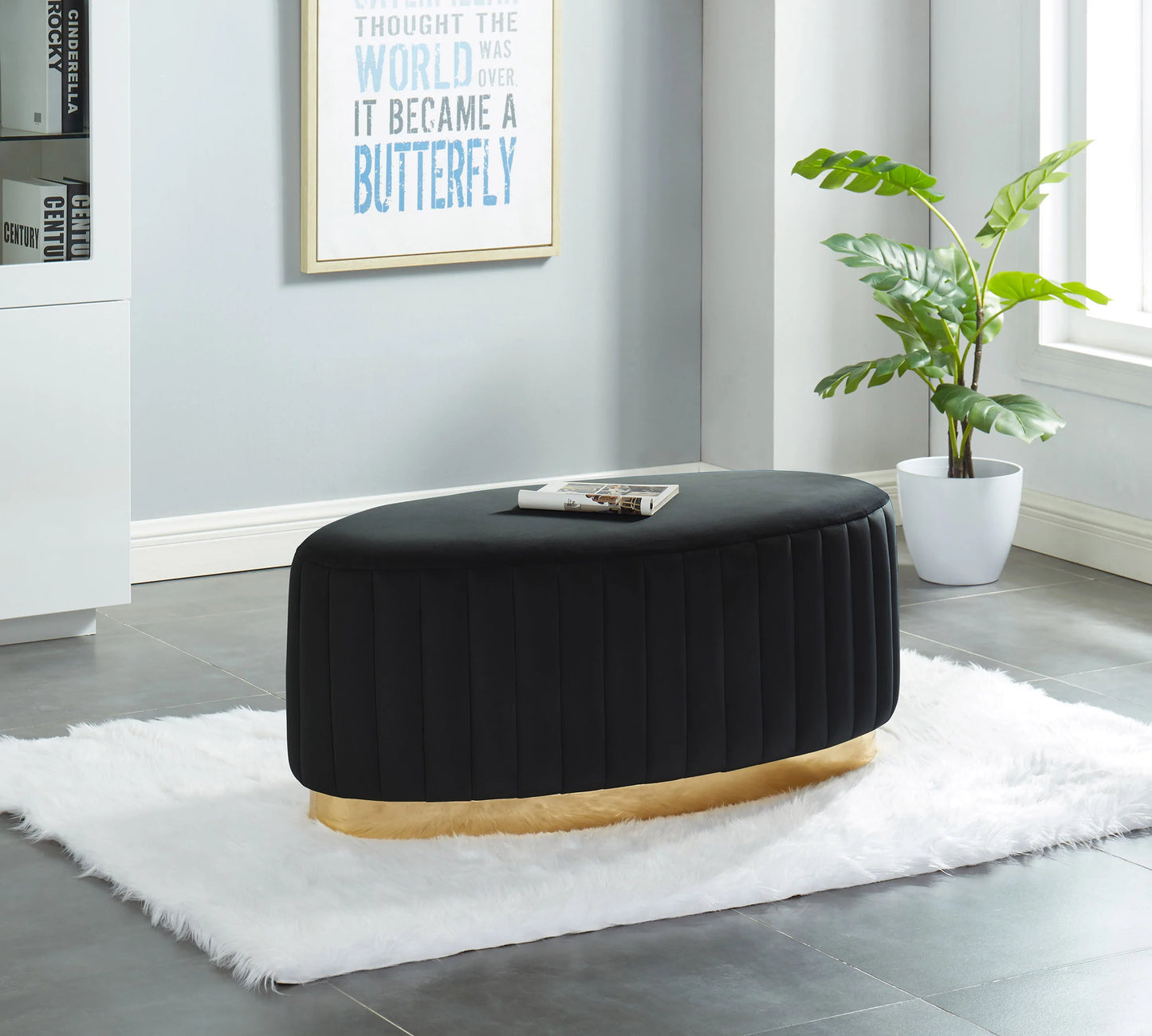 Oval Bench with Gold PU Base - Black