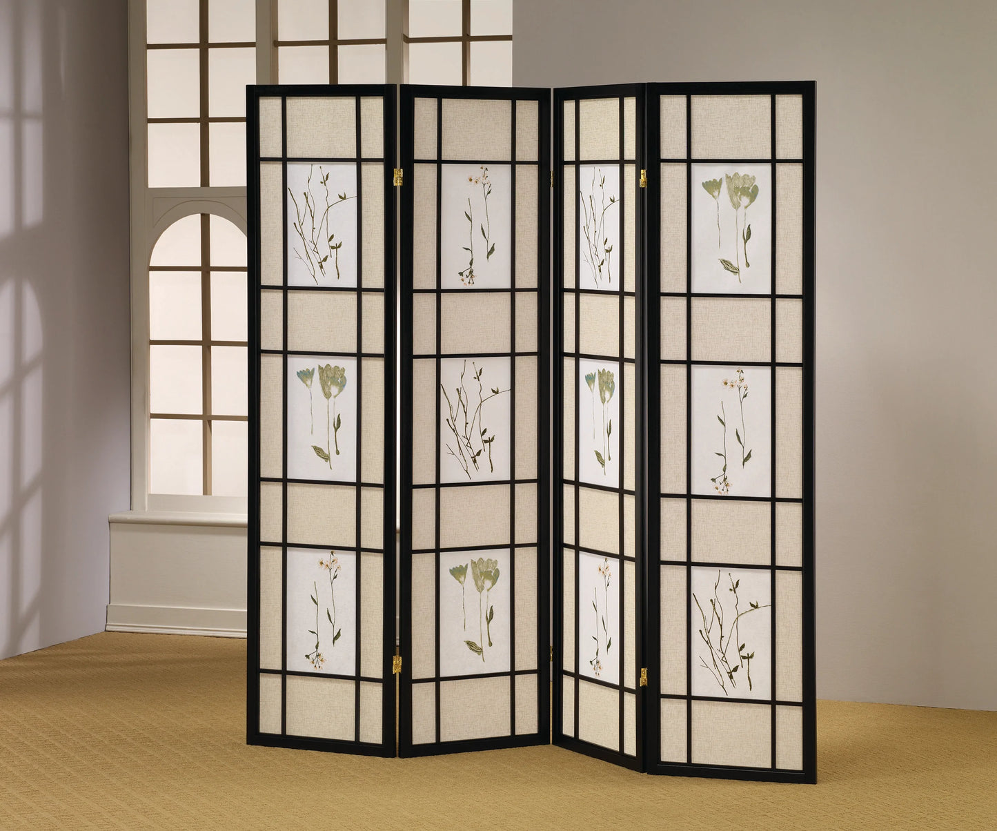 3/4 Panel Shoji Screen Floral Prints Black