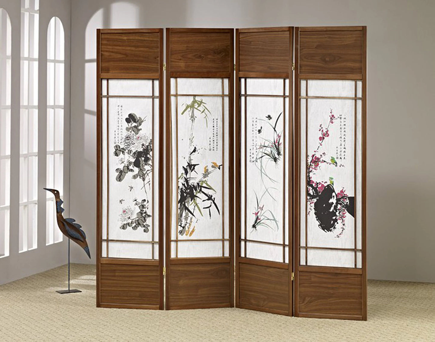 4 Panel Wood Screen Floral Painting Inlay Walnut