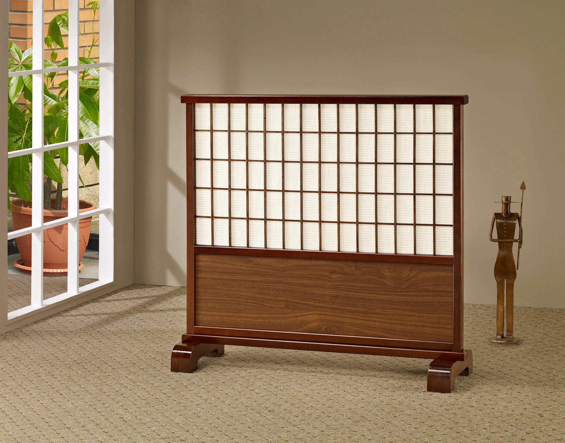 Shoji Stand Walnut Wood Frame Jute Inlay - GracePalaceFurniture