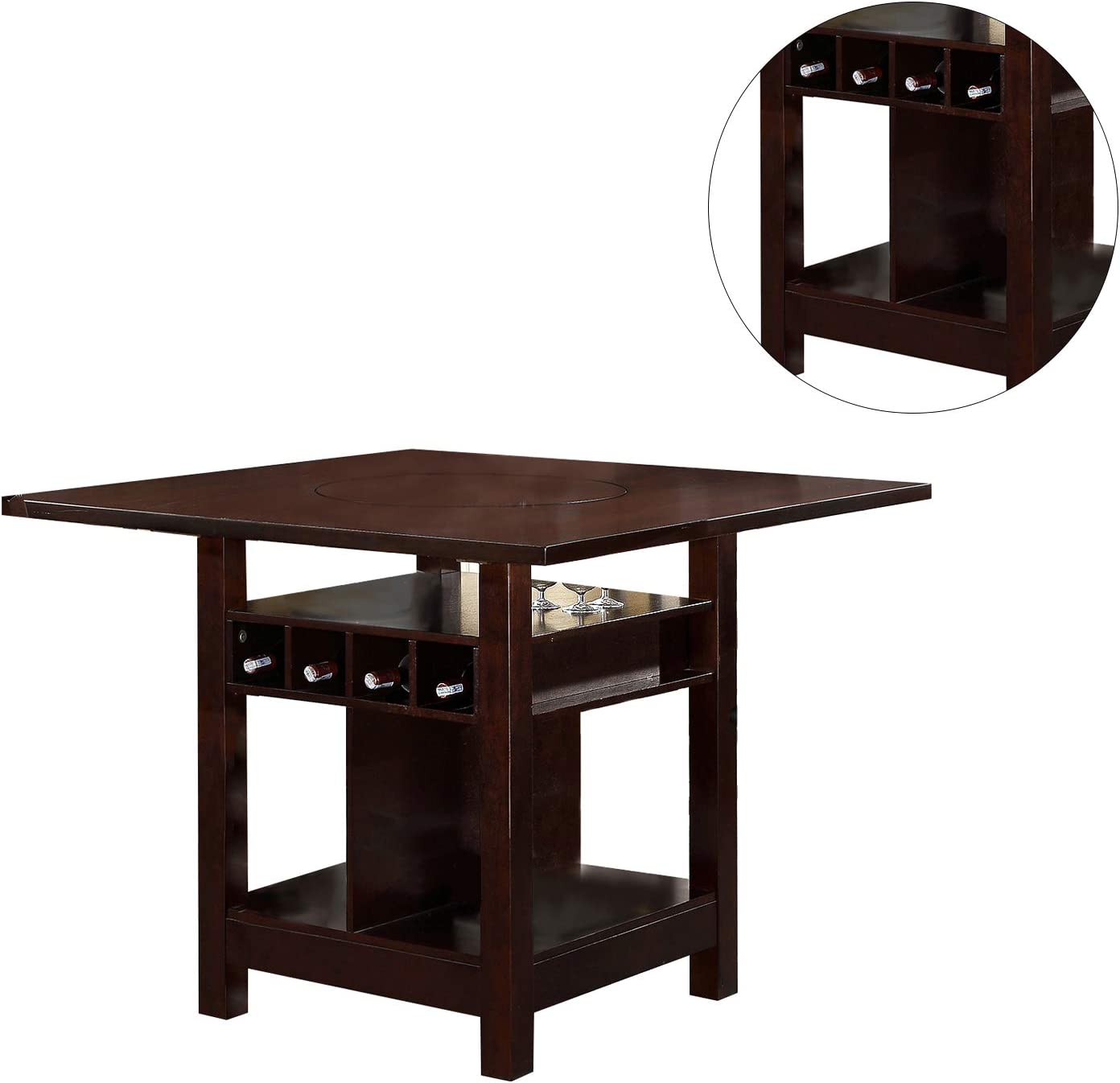 Poundex Counter Height Table with Wine Storage and Shelves in Dark Rosy 5pc set Brown Finish - GracePalaceFurniture