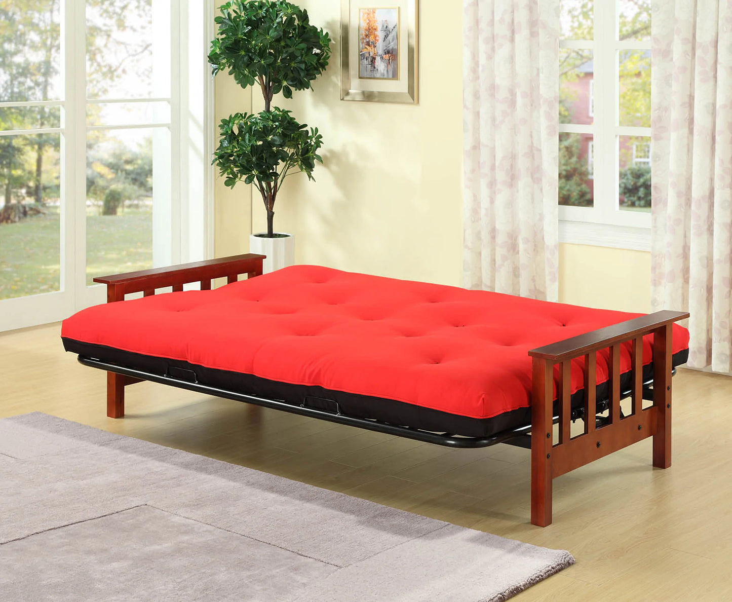 Metal Futon Frame Wooden Arms in Cherry Finish