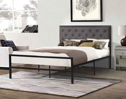 Metal Bed with Grey Fabric Upholstered Headboard