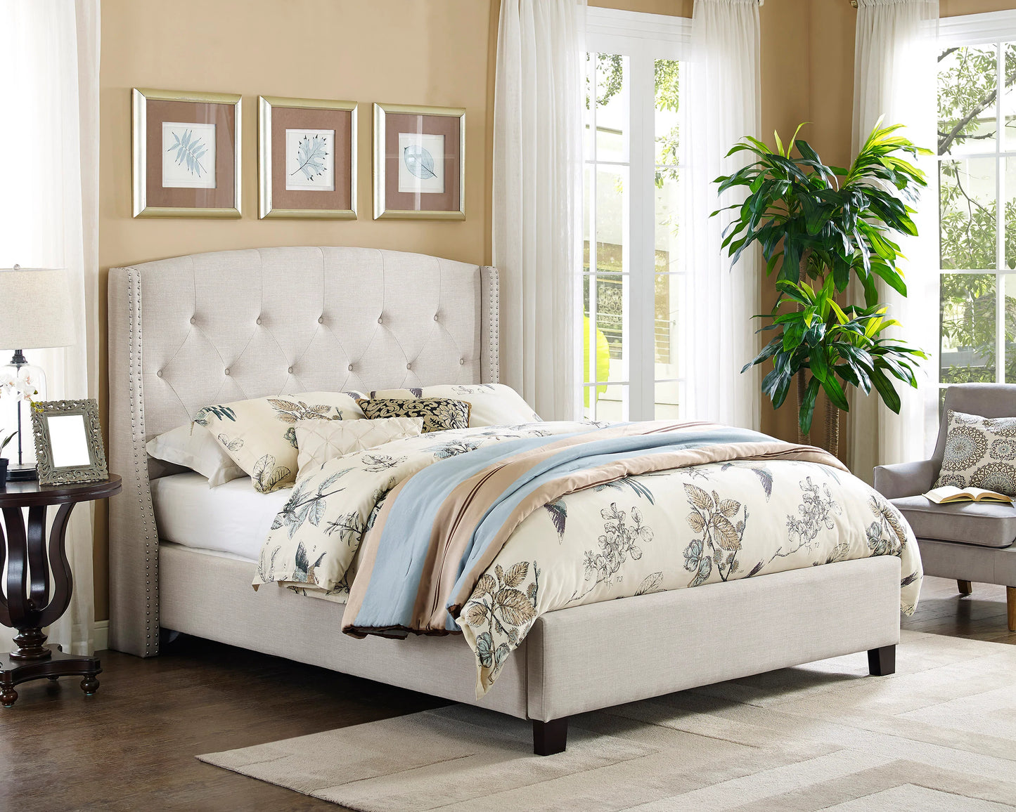 Beige Linen Upholstered Bed Headboard with Nailhead
