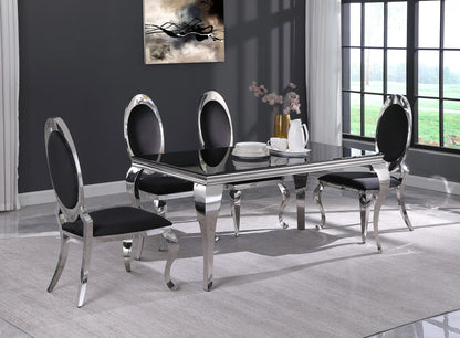 Dining Table Black Glass Table Top Stainless Steel Base - GracePalaceFurniture