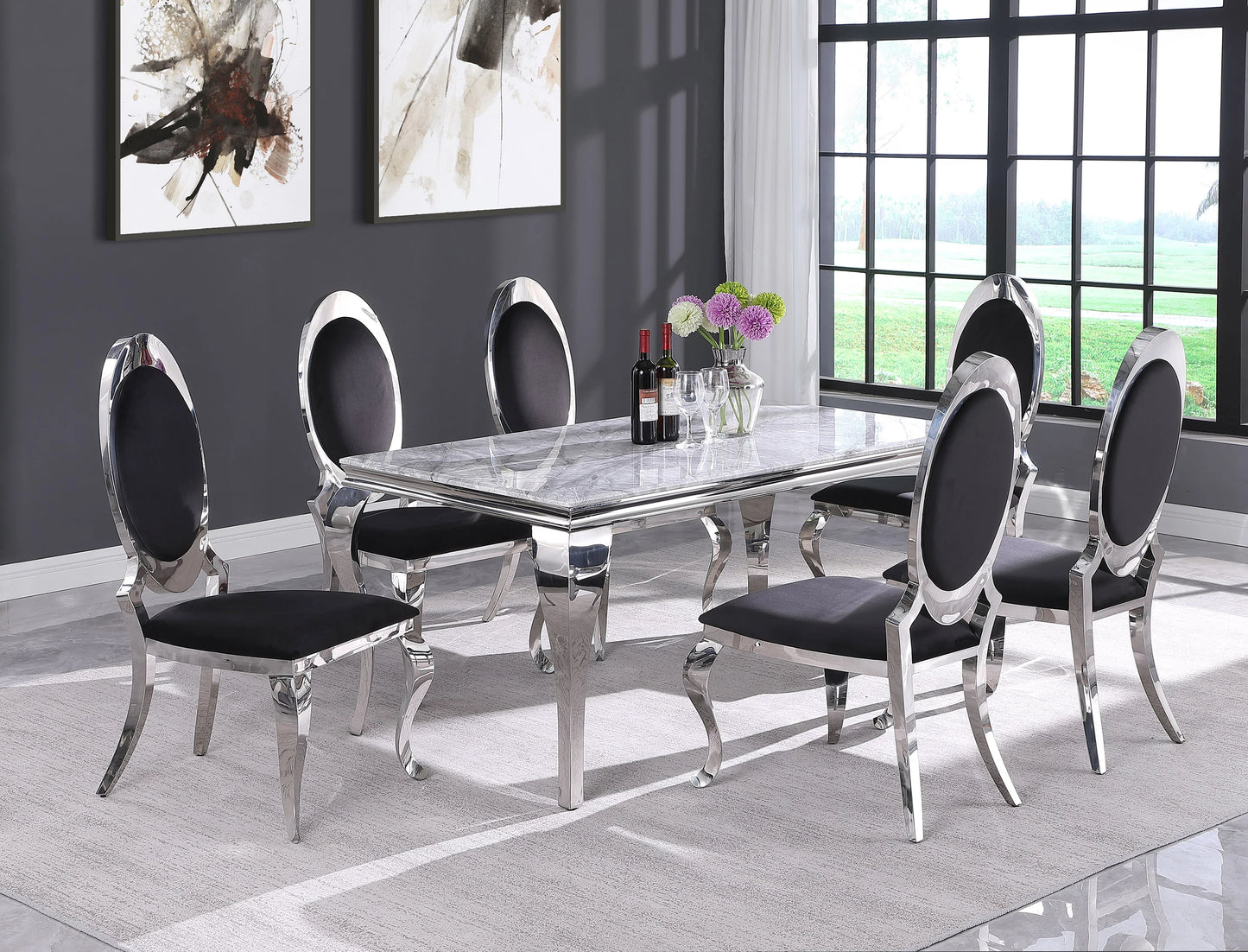 Dining Table Black Glass Table Top Stainless Steel Base - GracePalaceFurniture