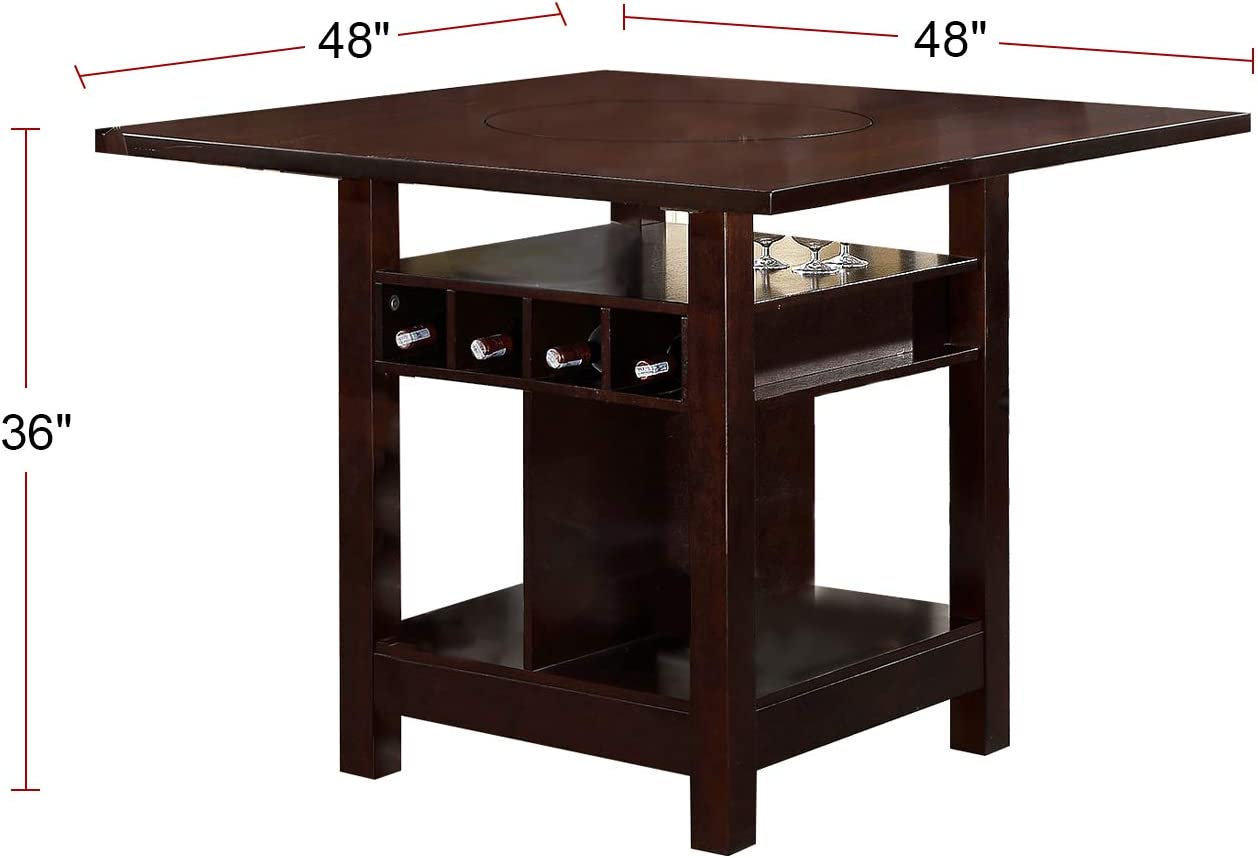 Poundex Counter Height Table with Wine Storage and Shelves in Dark Rosy 5pc set Brown Finish - GracePalaceFurniture