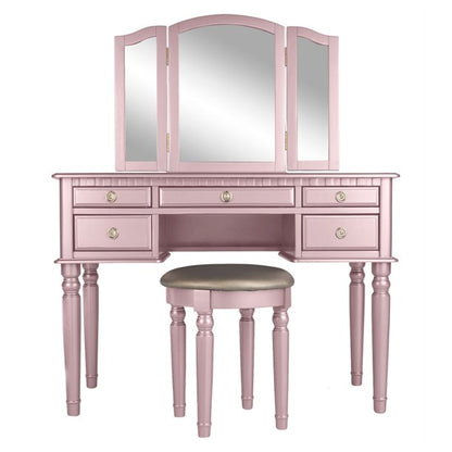 Poundex F4060 Wooden Makeup Vanity Set Desk, Mirror & Stool - Rose Gold